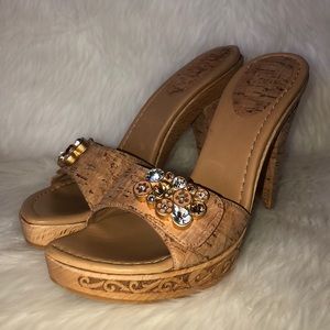 Stuart Weitzman cork / wood jeweled studded heels